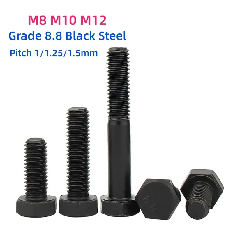 8.8 Grade Black External Hex Head Bolts M8 M10 M12 Full Thread Screw Bolt Pitch 1.0 1.25 1.5mm