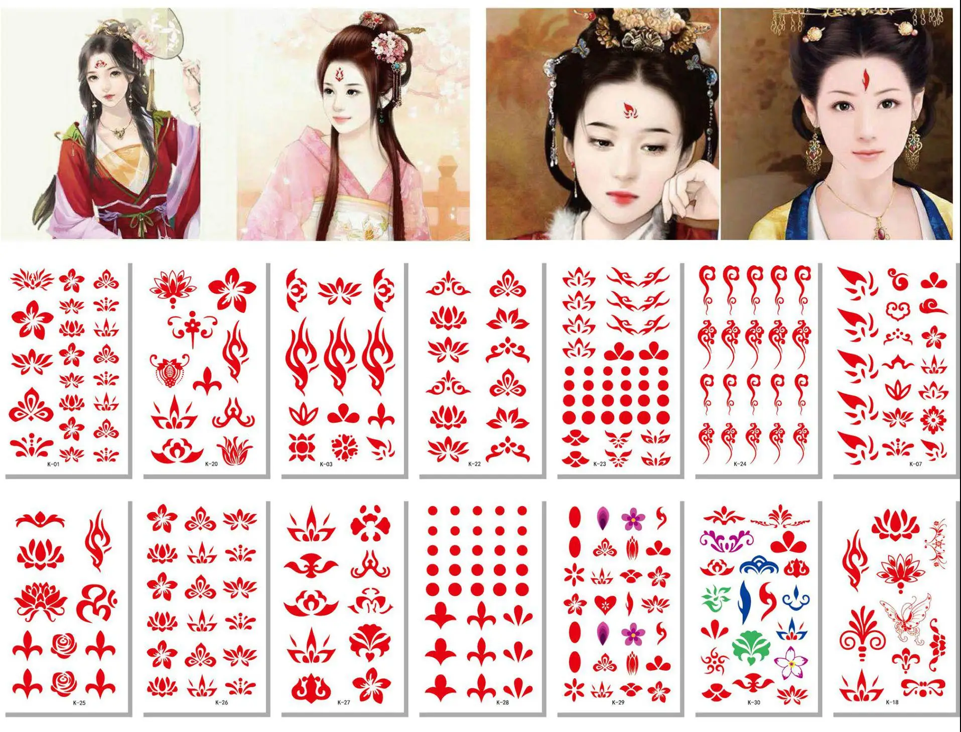 10/30pcs  Eyebrow Sticker Ancient Clothes Forehead Paste Hanfu Antique Beauty Tattoo Paste Children's Temporary Tattoo Sticker