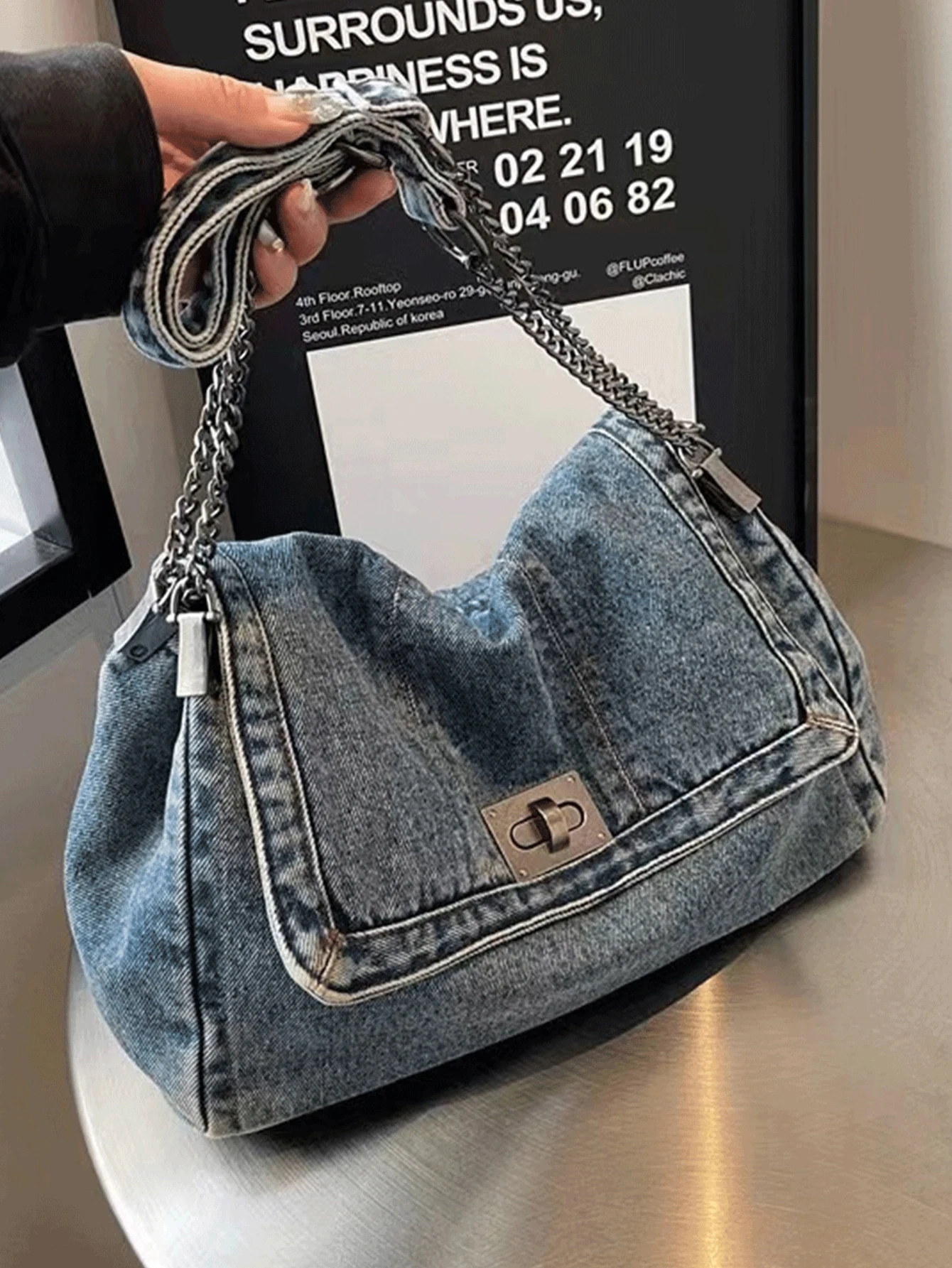 Retro Casual Denim Damen Tasche Neue Senior Kette Umhängetasche Große Kapazität Pendler Einkaufstasche – Detail 3