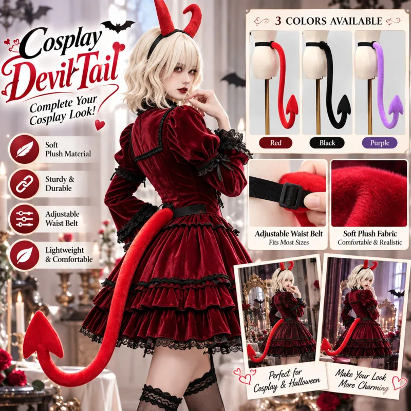 Devil Horns Headband Fake Tail Set Demon Vampire Cosplay Costume Accessories Halloween Party Dress Up Prop, Unisex Girl Gift New