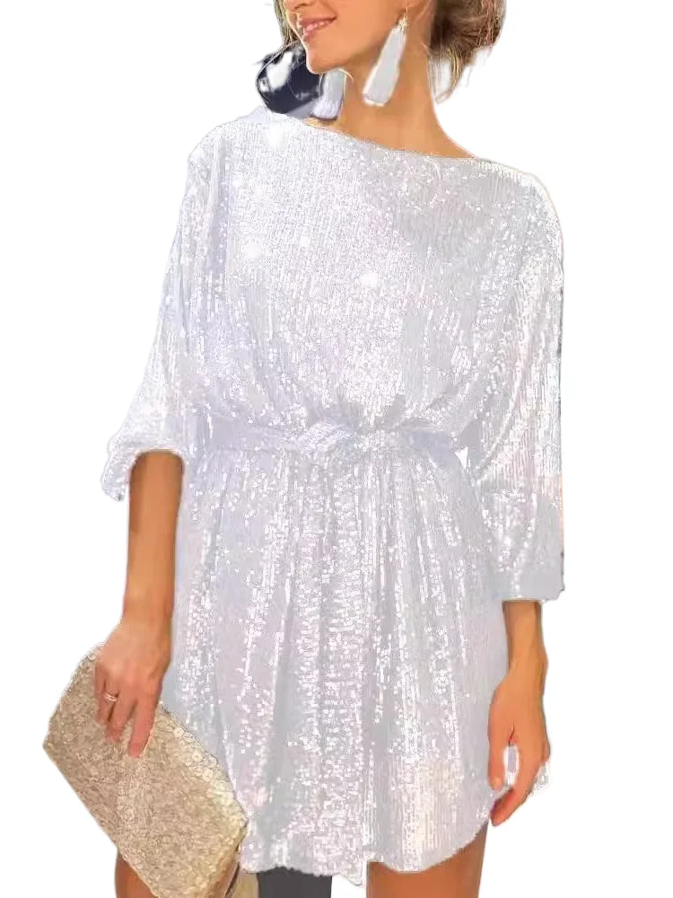 

Lady Fashion Sequins Dress Elegant O Neck Long Sleeve Lace-up Mini Dresses For Women Formal Evening Party Skirts Womens Clothing