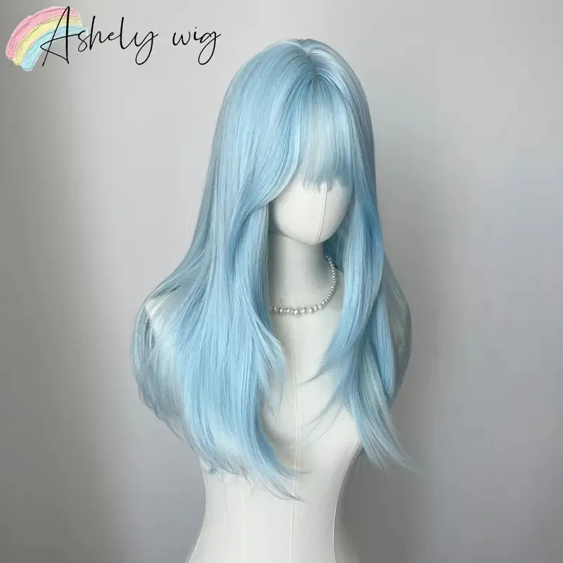 Peluca de pelo liso medio de 22 pulgadas con flequillo, diadema de aspecto natural Lolita, peluca de fibras sintéticas resistentes al calor