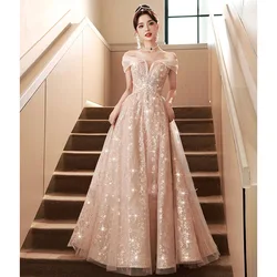 Temperament Off Shoulder Evening Dress Sweet Beaded Applique Graduation Dresses Long A-Line Backless Sequin Tulle Prom Gown