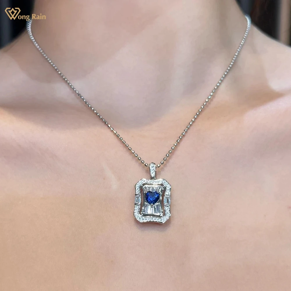 

Wong Rain Sparkling 925 Sterling Silver Heart Cut 6 MM Sapphire Gems High Carbon Diamond Pendant Necklace Fine Jewelry Wholesale