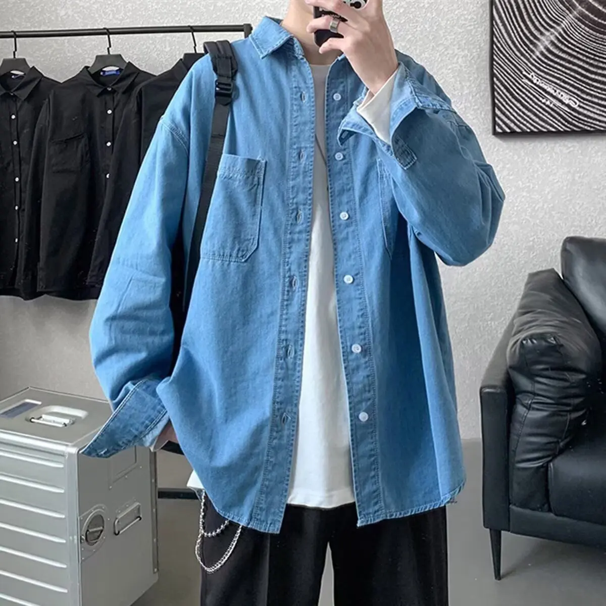 

Loose Casual Long Sve Denim irt Men's Autumn Winter Spring Workwear Jaet Youth ular Polyester Fiber Non-iron Design