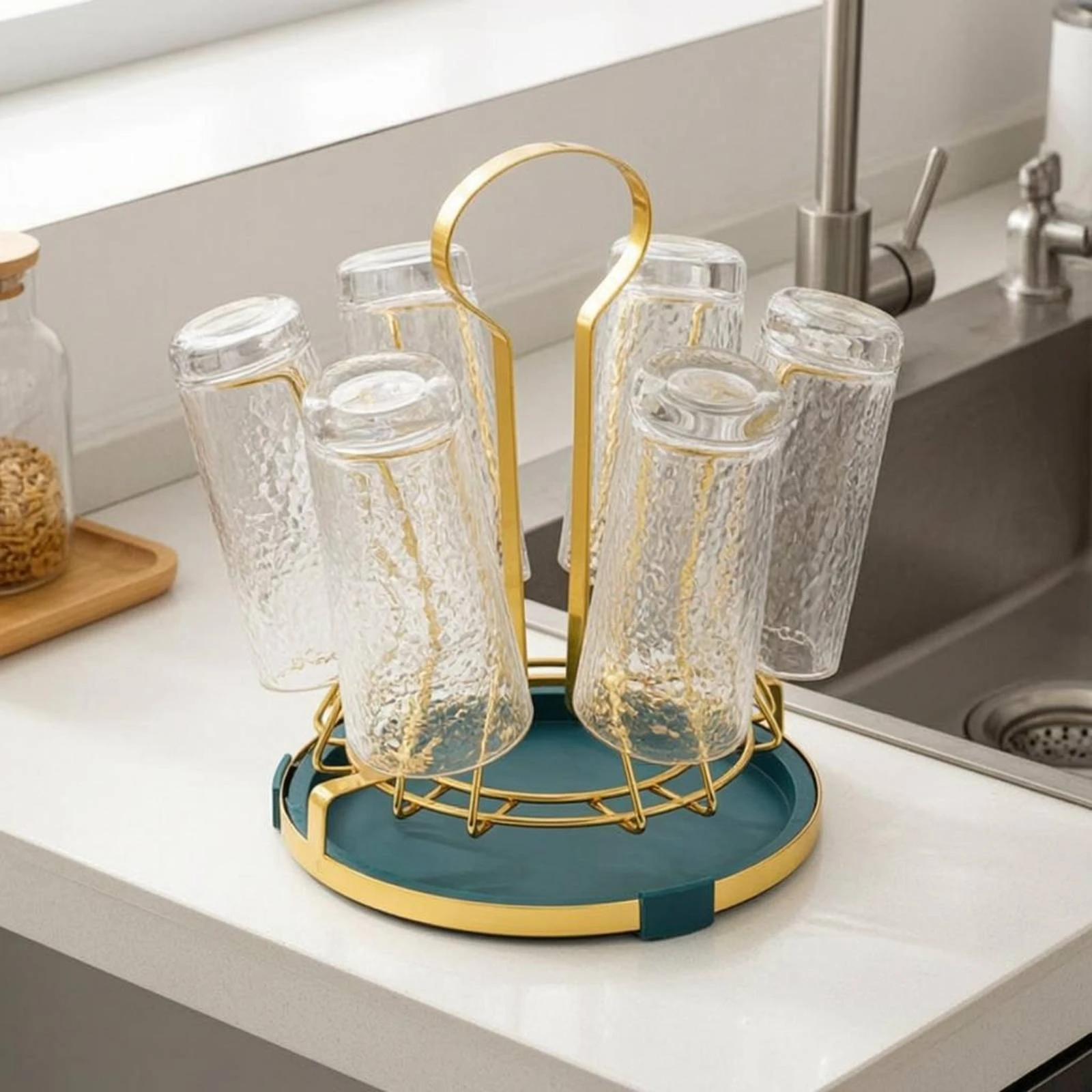 flower-shaped-cup-holder-gold-tone-6-cup-rack-mug-drainer-rack-detachable-tray-kitchen-storage-silicone-sleeve