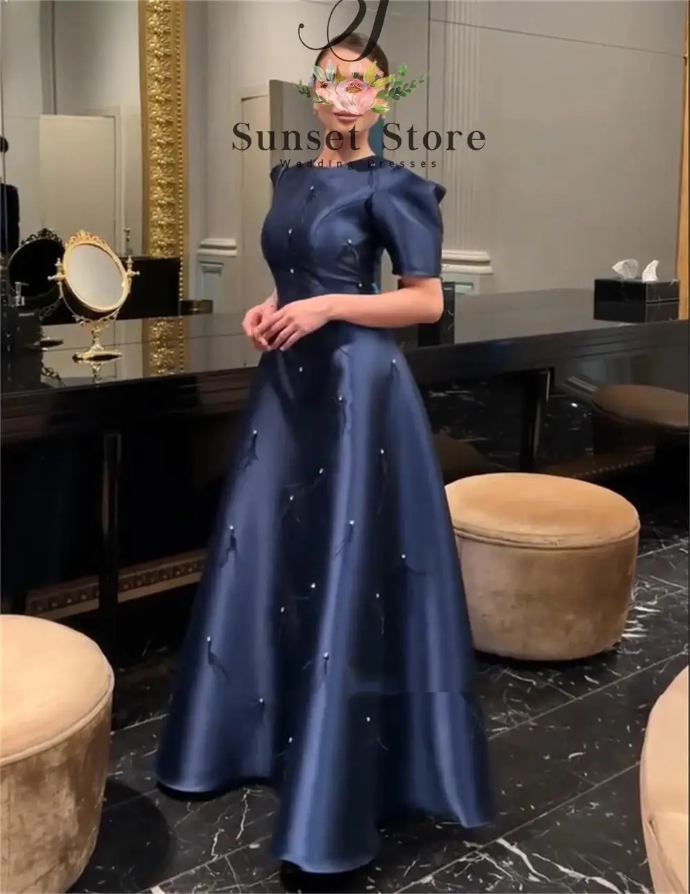 

Customized Matching Charmeuse Pleat Sequined A-line O-Neck Long Bespoke Occasion Evening Dresses Formal