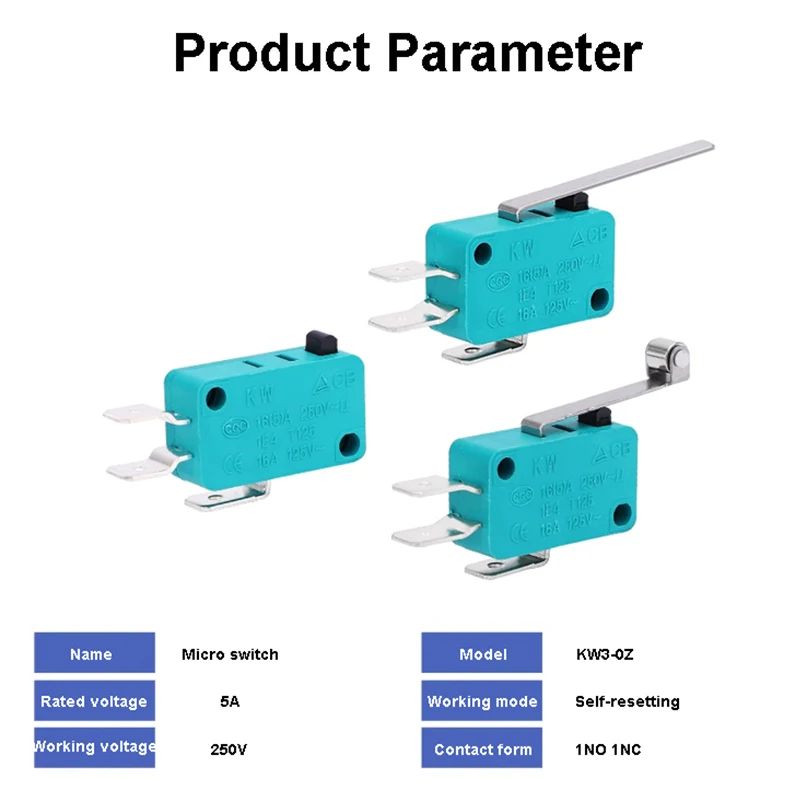 KW3-0Z Micro Switch Travel Limit Switch Self-Resetting 5A 250V 1NO 1NC Silver Contact Tap Push Button Switch