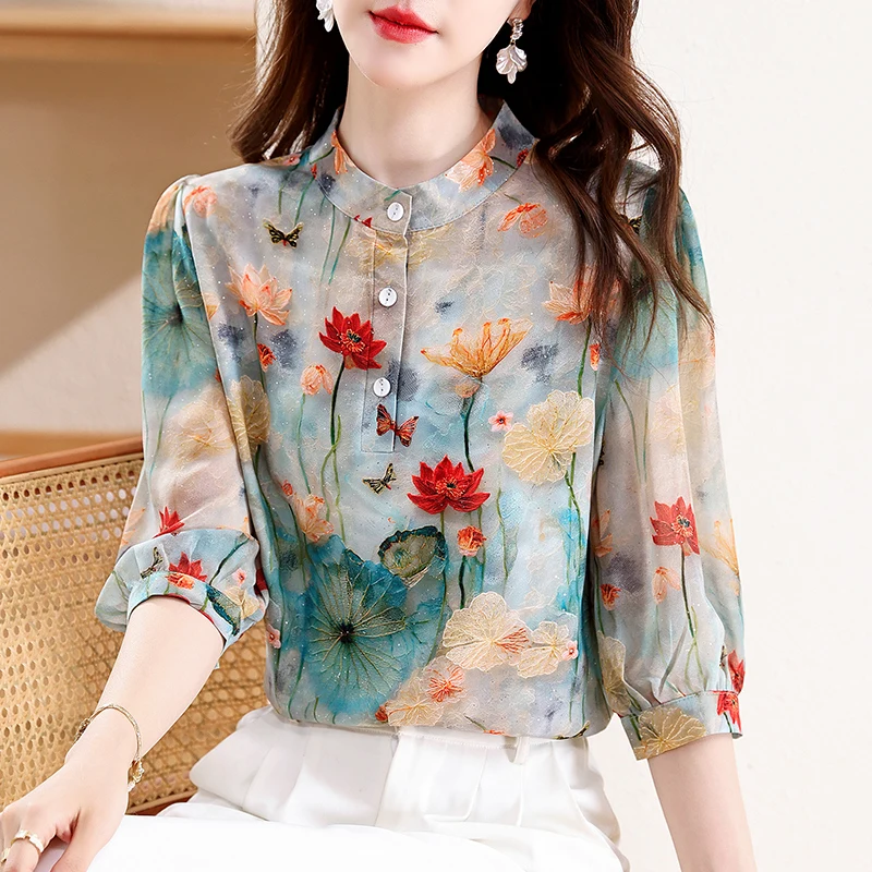 

2025 Summer Women Tops New Stand Collar Silk Chiffon Blouse 3/4 Sleeve Office Lady Floral Prined Shirt