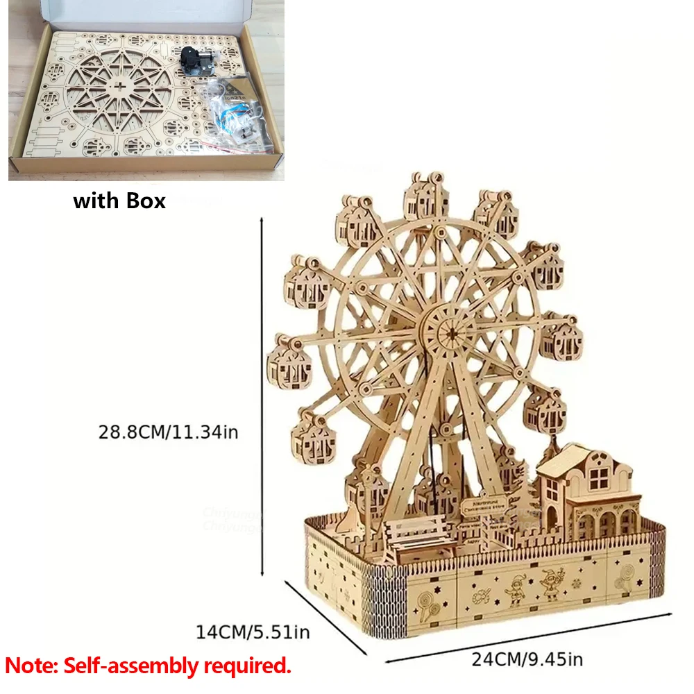 Modèle de boîte à musique grande roue avec lumière LED, puzzle 3D en bois, kit de construction d'assemblage de bricolage, décoration de la maison, artisanat, cadeau pour adultes et enfants