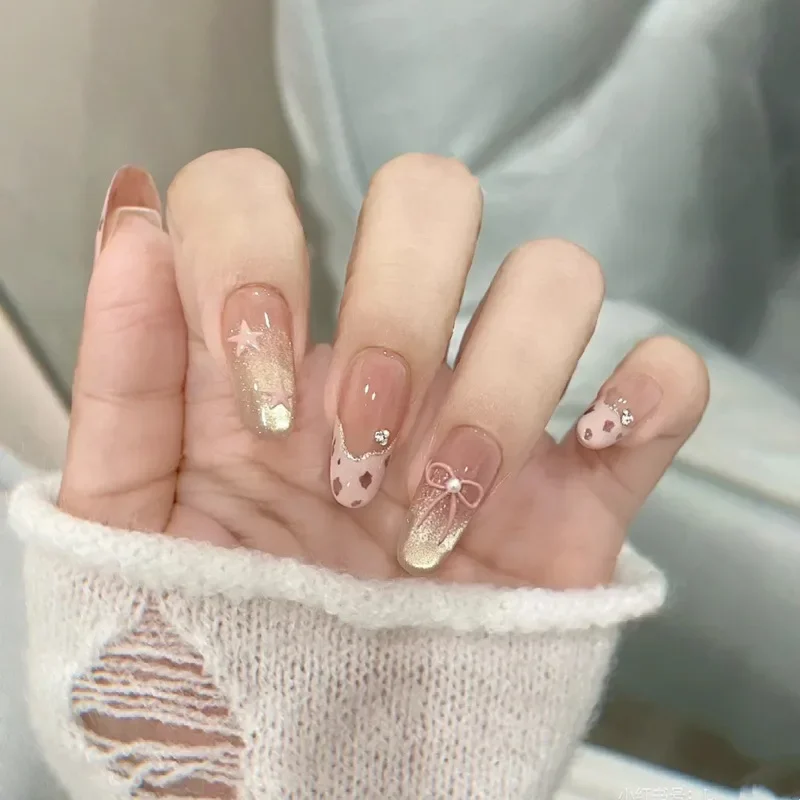 

10PCS Sweet Pink Leopard Print French Handmade Press on Nails Glitter Cat Eye with Bowknot Fake Nails Short Oval False Nail Tips