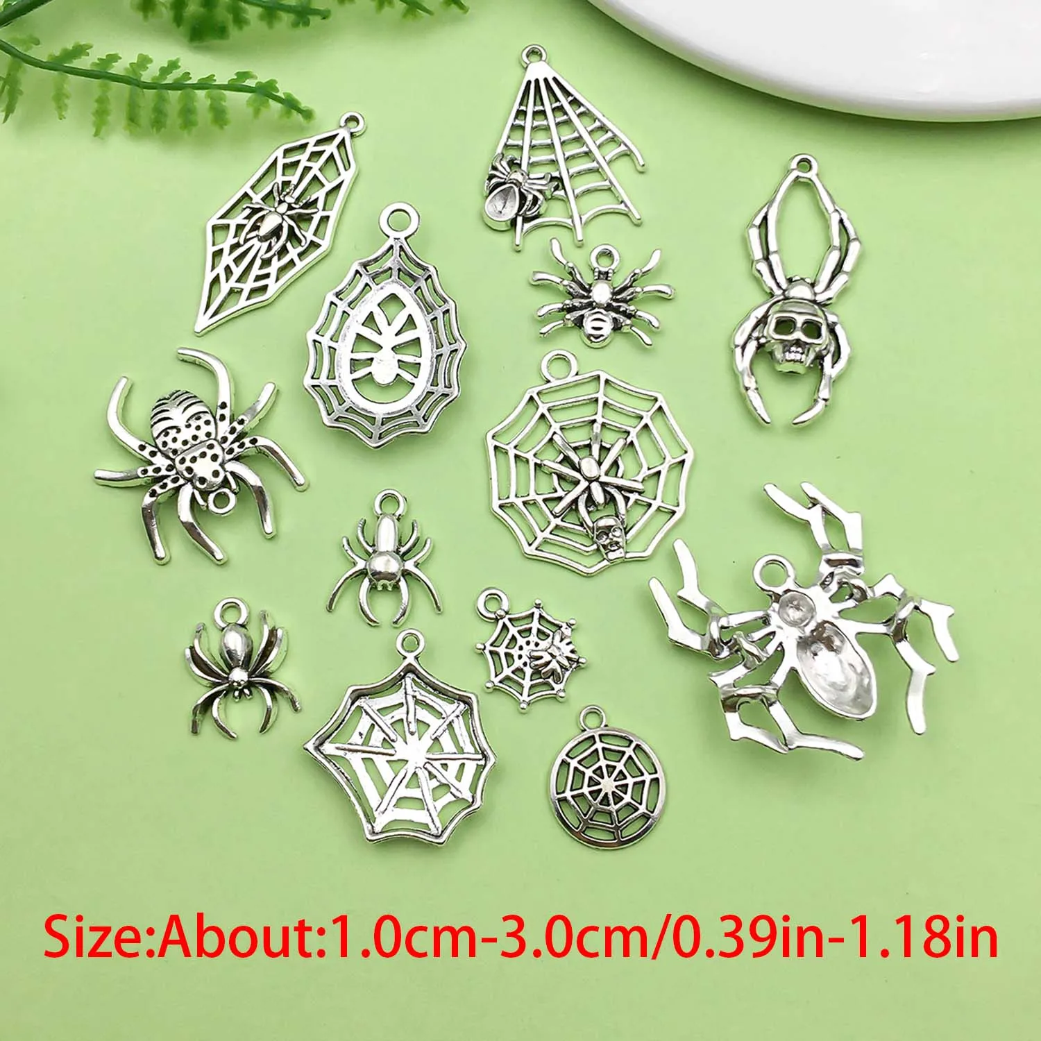 10/13pcs Antique Silvery Halloween Decoration Charms, Alloy Skull Spider, Spider Web Pendants For DIY Jewelry Making Accessories
