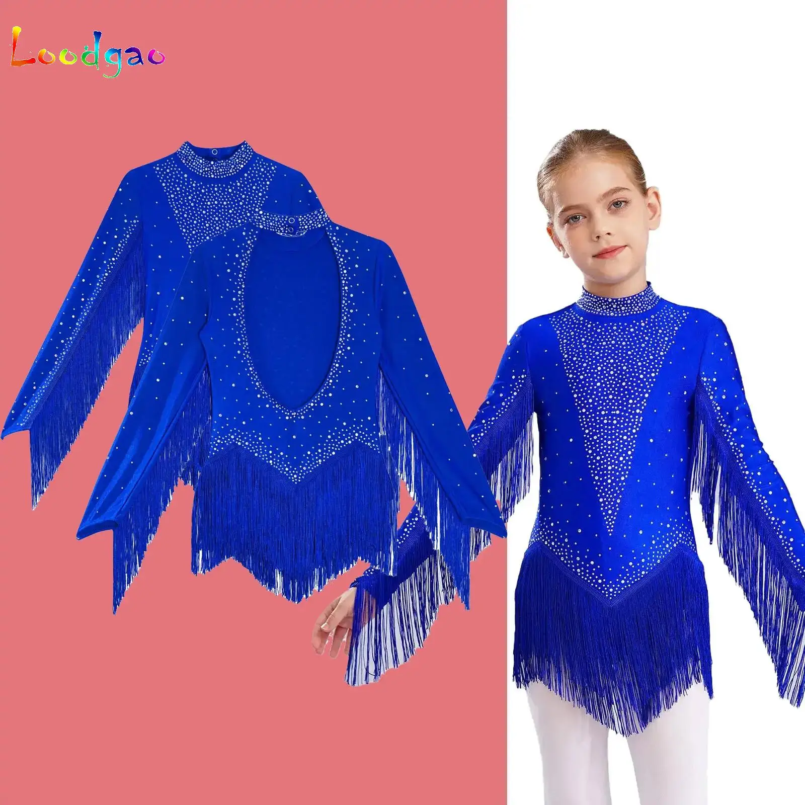 Kids Girls Figure Skating Leotard Tassels Bodysuit Ballet Gymnastics Jersey Latin Dance Cha-Cha Stage Performance Dancewear