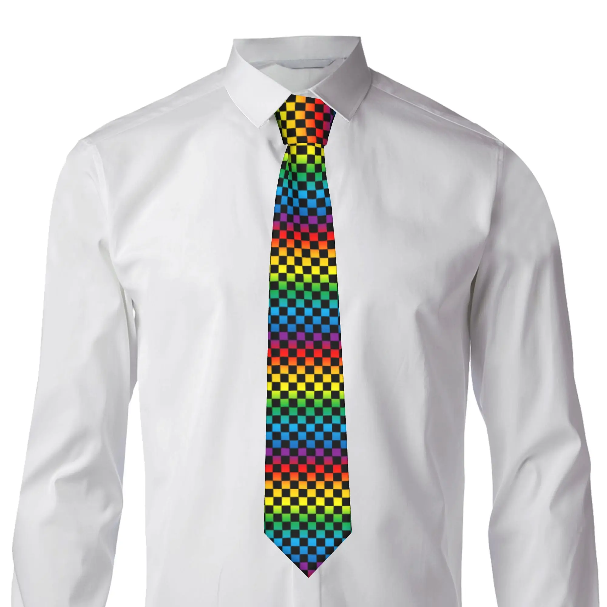 Custom Black Rainbow Chess Board Tie Men Printed Necktie Checkered Plaid Pattern For Wedding Party Mens Silk Tie