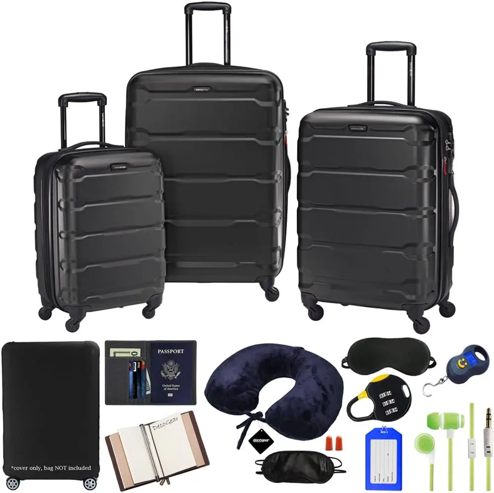 Samsonite-Juego de equipaje de lado duro Omni, Set de Spinner anidado de 20, 24 y 28 pulgadas, paquete negro con engranaje decorativo, 68311-1041