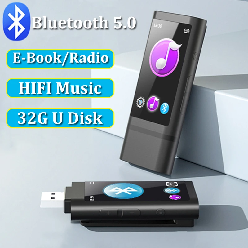 

Mini MP3 Player Bluetooth Music Walkman 32G U Disk with 1.9 Inch IPS Screen/Flashlight Support Radio/Recording/E-book/TF Card