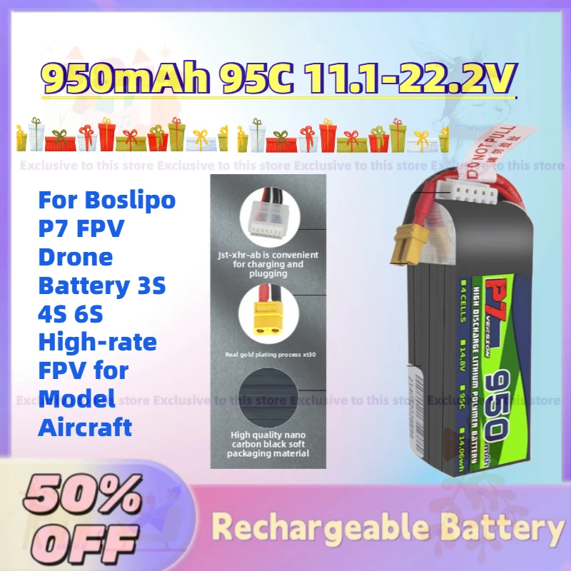 

New 950mAh 95C 11.1-22.2V LiPo Rechargeable Battery for Boslipo P7 FPV Drone Battery 3S 4S 6S High-rate FPV for Model Aircraft