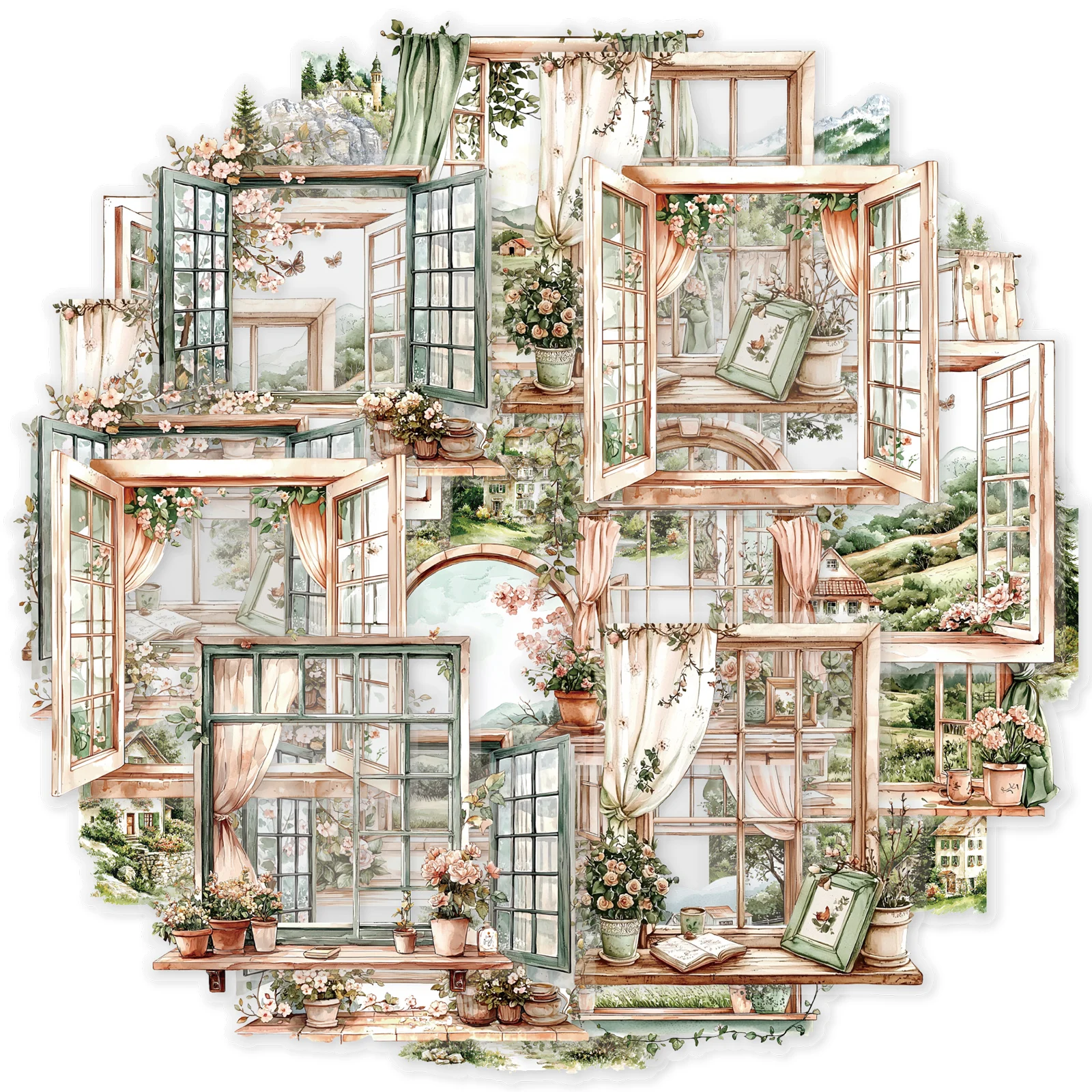 Etori Life Mountain Window Foggy Landscape Vintage Pattern Pet Stickers DIY Album, Scrapbook Supplies, Notebook, Phone Stickers, Children's Gift Paper Bags, Craft Decoration, Toy Stickers