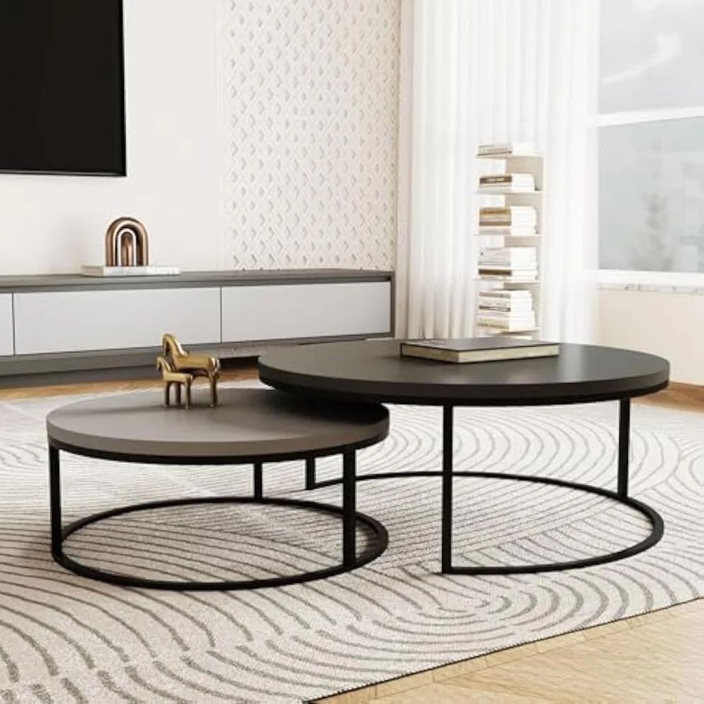 Conjunto de mesa de centro redonda, mesas de coquetel aninhadas com pernas de metal preto, cinza escuro/cinza claro, fácil montagem, 31,5/23,7 Inc