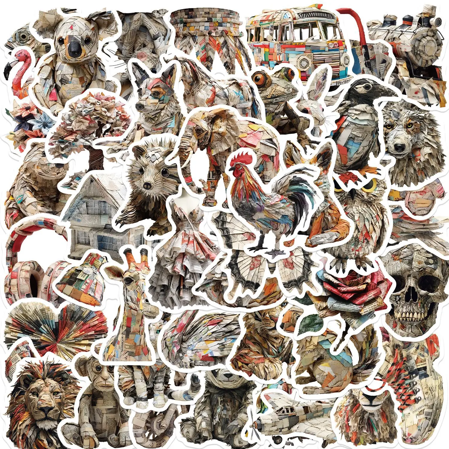 

50Pcs Newspaper Animal Sculpture Series Stickers Suitcase Phone Case Water Bottle Waterproof Decoration Diy Sticker Packs