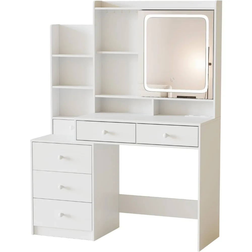 Vanity Desk com Espelho e Luzes, Maquiagem Vanity com 6 Gavetas e Prateleiras, Mesa com Tomada, LED