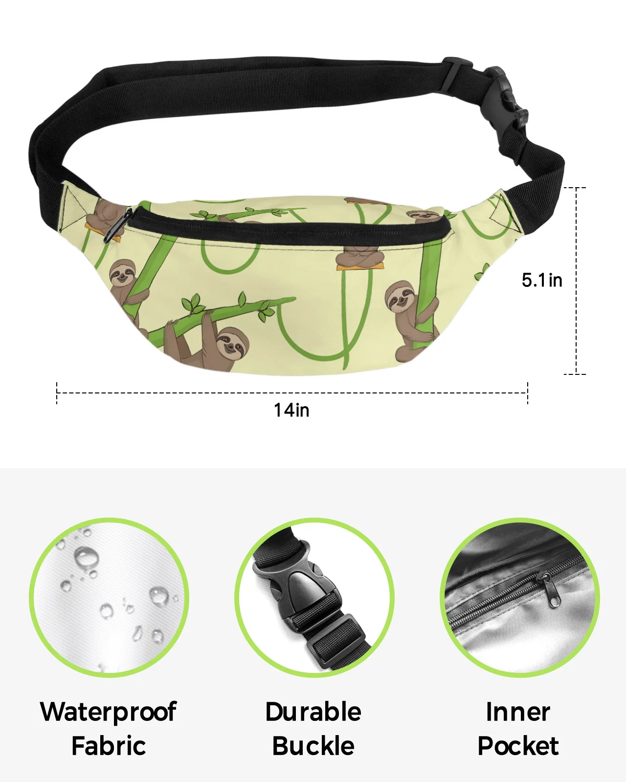 Cartoon Animal Sloth Green Branch Waist Packs Shoulder Bag Unisex Messenger Bag Casual Fashion Fanny Pack for Women