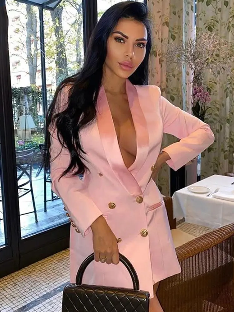 Spring Autumn Ol Solid Blazer For Women Pink Sexy Long Sleeve Double-Breasted Slim Coat Top Female 2022 Fashion Clothes New