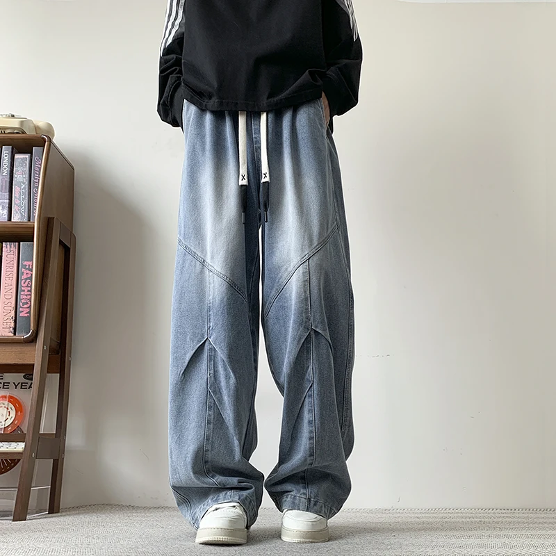 

Streetwear Men's Baggy Jeans Y2k Elastic Waist Straight Loose Fashion Denim Trousers Washed Oversize Casual Wide Leg Pants