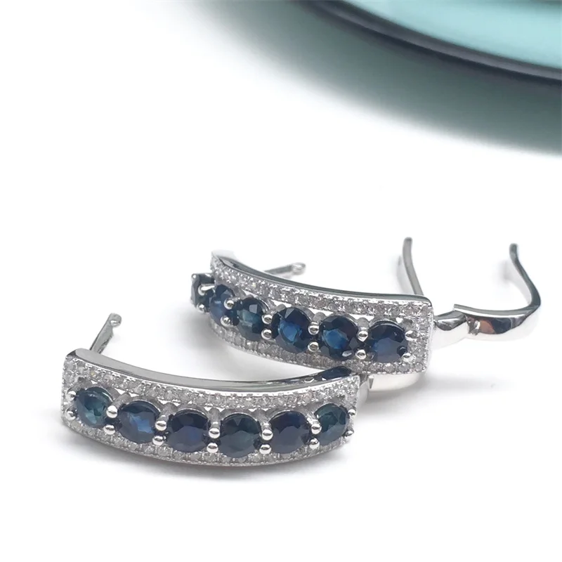 

Real 925 Sterling Silver Hoop Earrings for Women's Gift 3mm Genuine Natural Sapphire Original Gemstone with Certificate