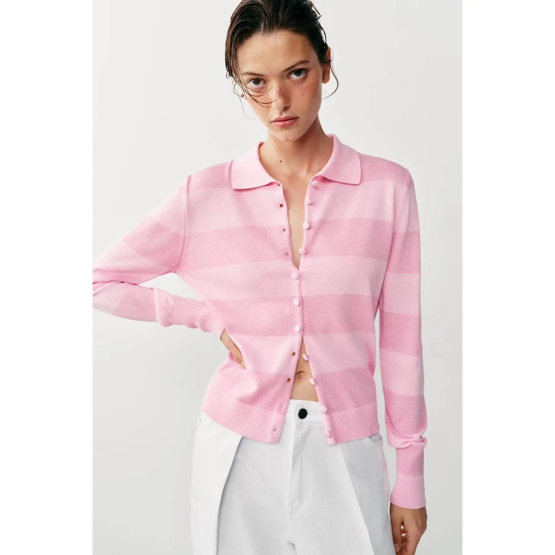 Fashionable Striped Knitted Jacket Women's Casual All-Match Simple Design Polyester Fiber Long Sleeve Button up Cardigan