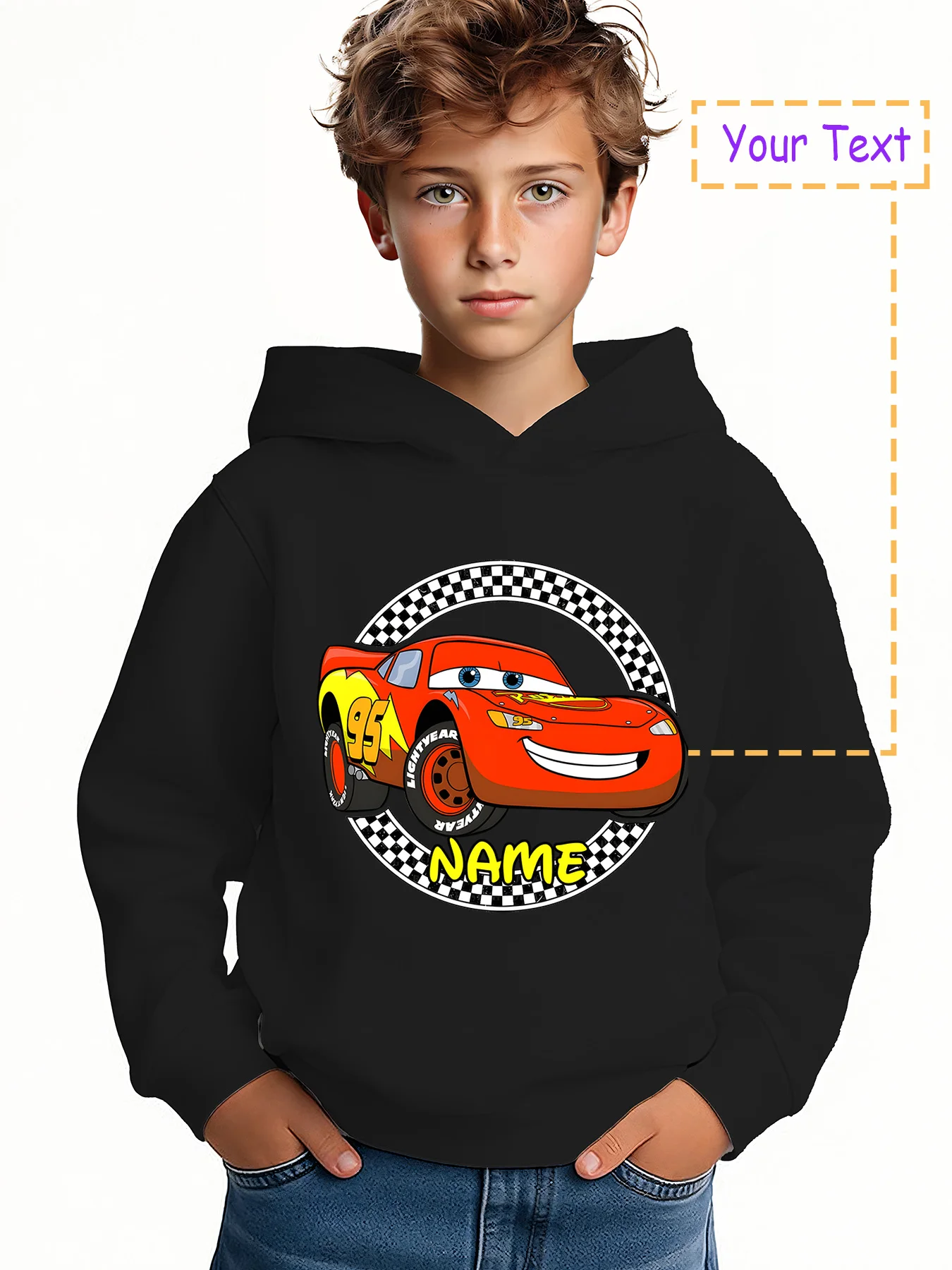 

MINISO Lightning McQueen Racing Circle Hoodie for Boys - Featuring a classic black and white checkered pattern and a racing