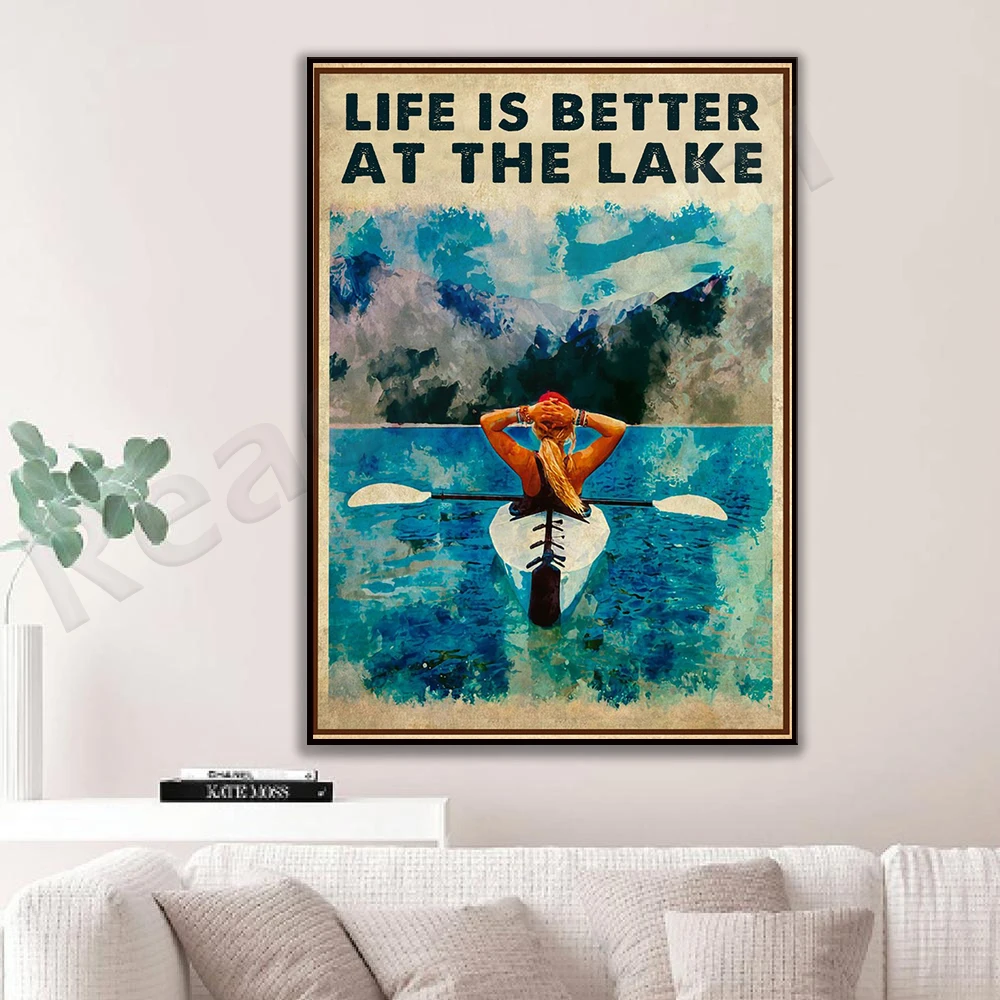 Life Better At The Lake Vintage Poster, Kayaking Girl Poster, Gift for Water Sports Kayaking Lovers, Adventure Poster