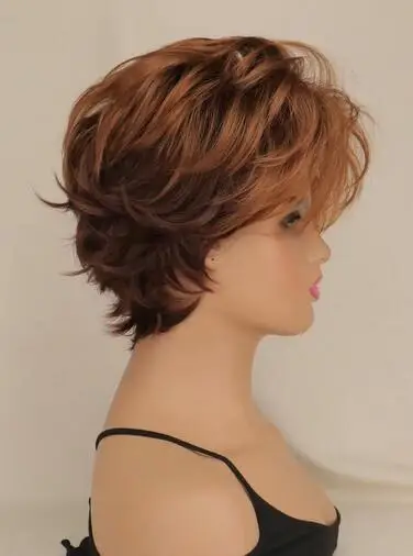 Short Dark Brown Mixed Blonde Highlight Pixie Cut Wigs with Bangs Synthetic Layered Wigs for Women Natural Hair Replacement Wigs