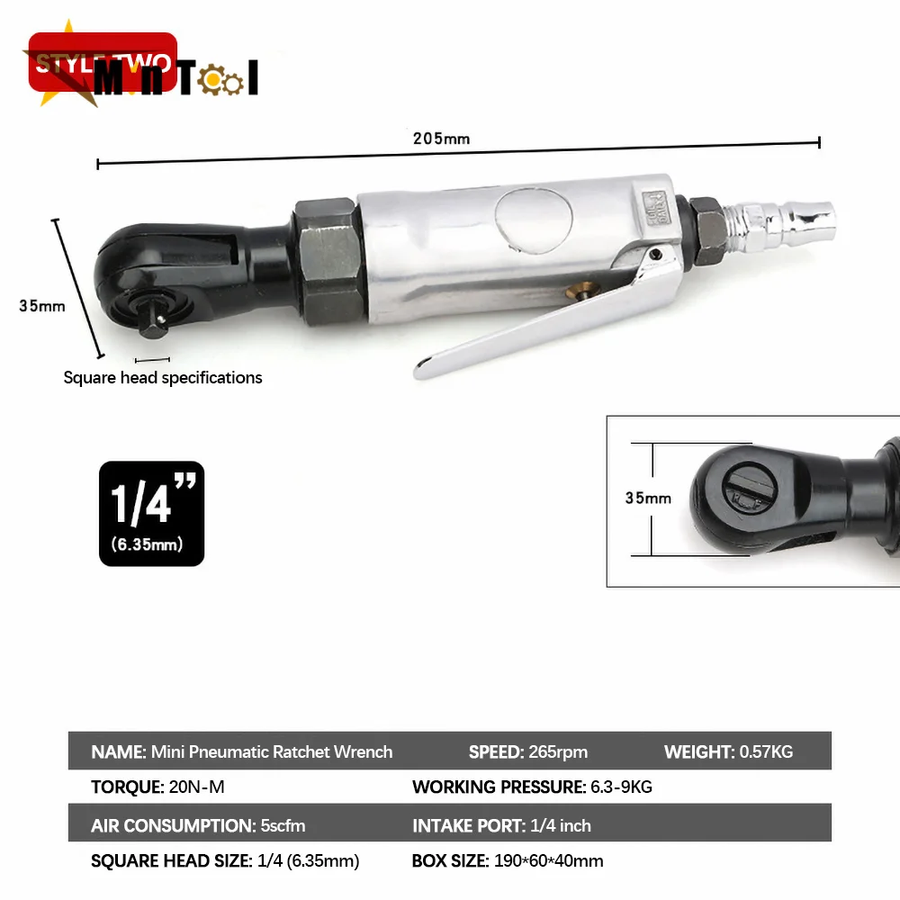 3/8 Square Head 10mm/1/4 Square Head 6.3mm Pneumatic Air Ratchet Wrench Tool Ratchet Wrench Hand Tool for Home Repair Tool