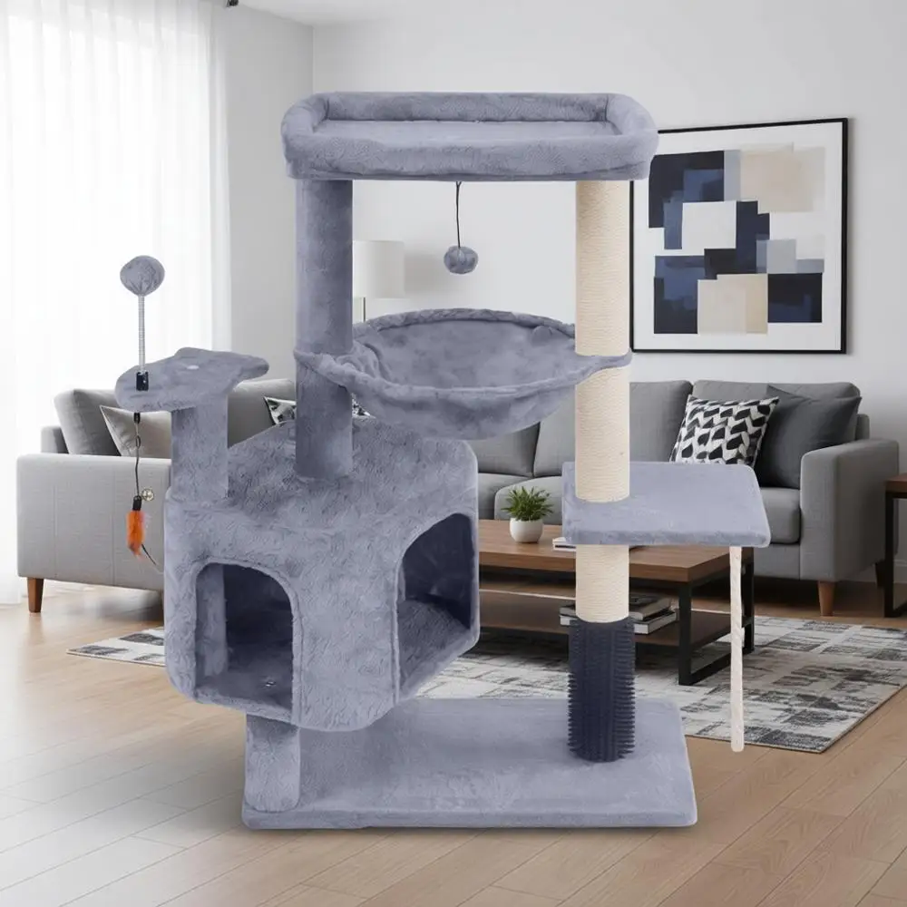 

Cat Tree with Condo, Hammock, Self-Grooming Brush, and Toy Balls, Cat Tower with Scratching Posts, Grey