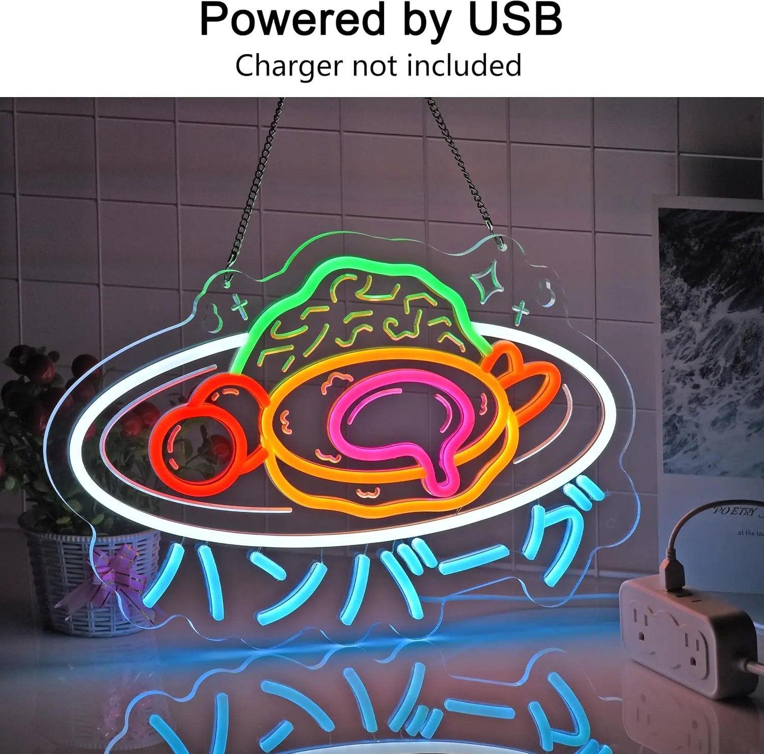 Japanese Hamburg Steak Neon Sign Hamburger Meat Neon Lights for Restaurant Shop Cafe Kitchen Party Home Decor USB Power Dimmable