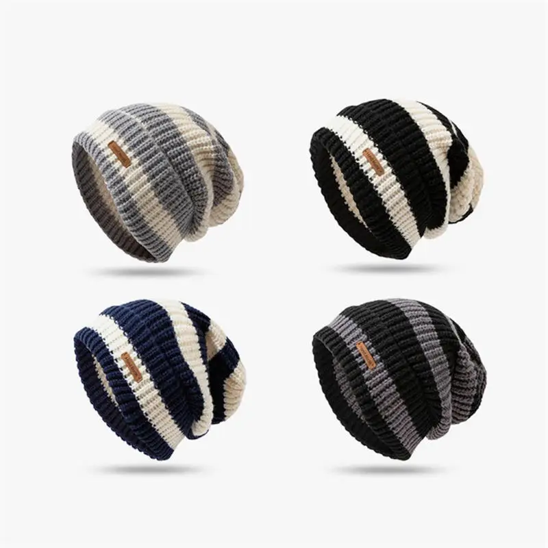 Japanese Stripe Letter Loose-fit Large Head Circumference Wool Cap Women's Autumn/winter Warm Versatile Knit Cap Men