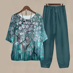 New Style Two Piece Sets Floral Print Women Round Neck Short Sleeve Suit Vintage High Waist Pants Elegant Female Outfits Summer
