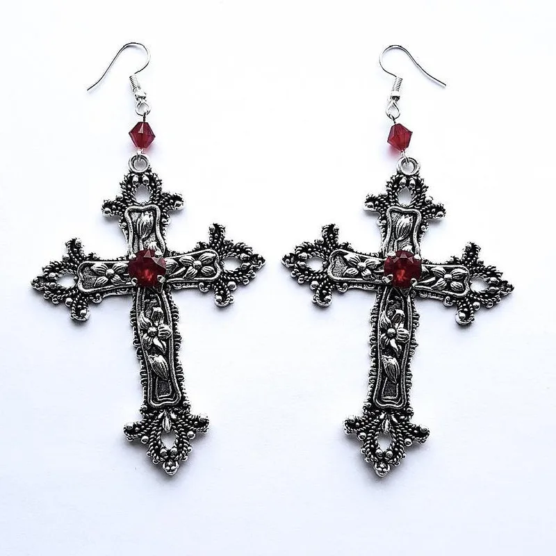 LENNIK Boucles d'oreilles pendantes croix gothique design haut de gamme avec accents en cristal rouge et noir, boucles d'oreilles tendance de style foncé