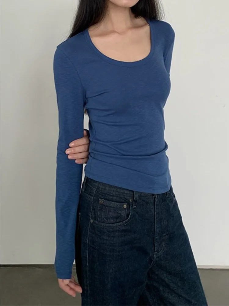 LIinar U-neck Slimming Long-Sleeve T-Shirt for Women Fall Style Figure-Flattering Stretchy Base Layer Knit Top