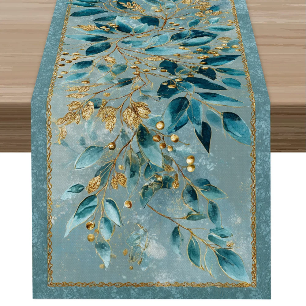 Christmas Table Runner - 1PC Blue Gold Leaf Shadow Dreamy Forest Pattern Clear Print Cover for Winter Holiday Dining