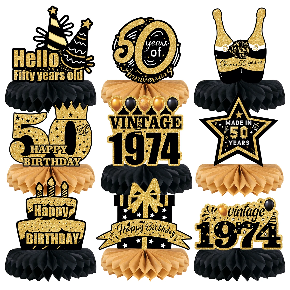 9pcs/set Black Gold 50th Birthday Party Honeycomb Ornaments Photo Props Anniversary Adult 50 Year Old Birthday Party Decorations