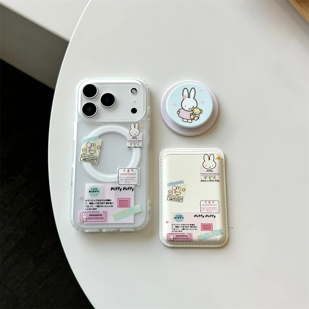 

Korean Ins Cute Cartoon Rabbit with Magsafe Card Holde Magnetic Stand Phone Case For iPhone 17 16 Pro 15 17 Pro Max 14 13 Cover