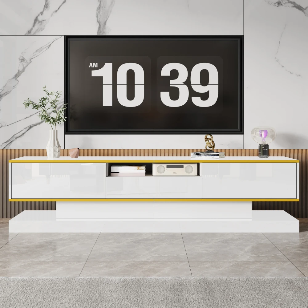 Meuble TV moderne brillant avec lumières LED à couleur changeante, 3 tiroirs, compartiment ouvert, 180x38x45CM PINGGO