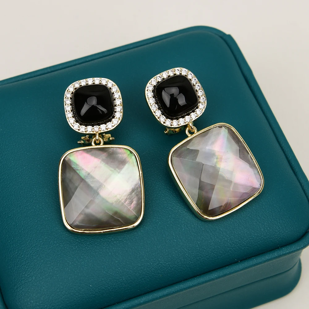 

GG Natural Square Faceted Black Sea Shell Stud Drop Earrings Handmade For Lady Party Jewelry