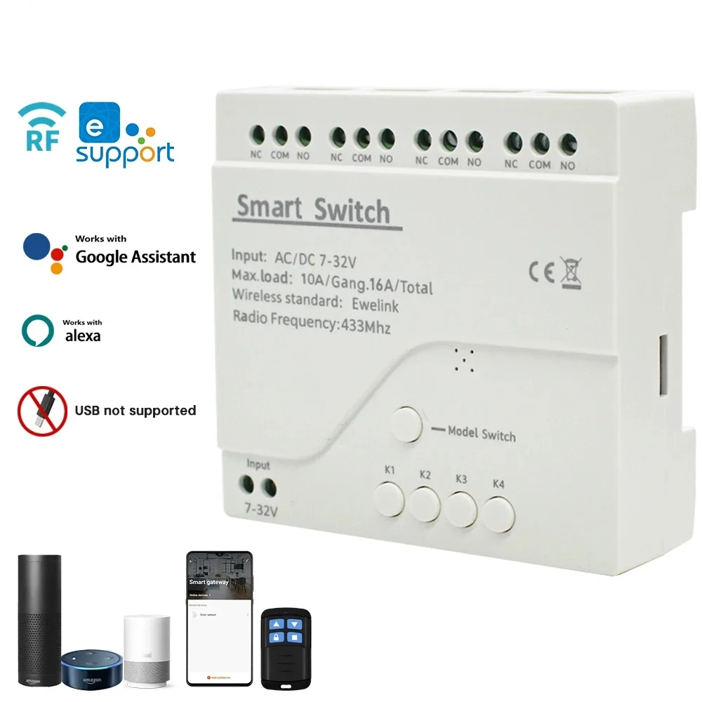 

Беспроводной выключатель 4CH EWelink, модуль Wi-Fi, приложение EWelink, дистанционное управление, умный дом своими руками, 4-канальное реле, совместимость с Alexa и Google Home