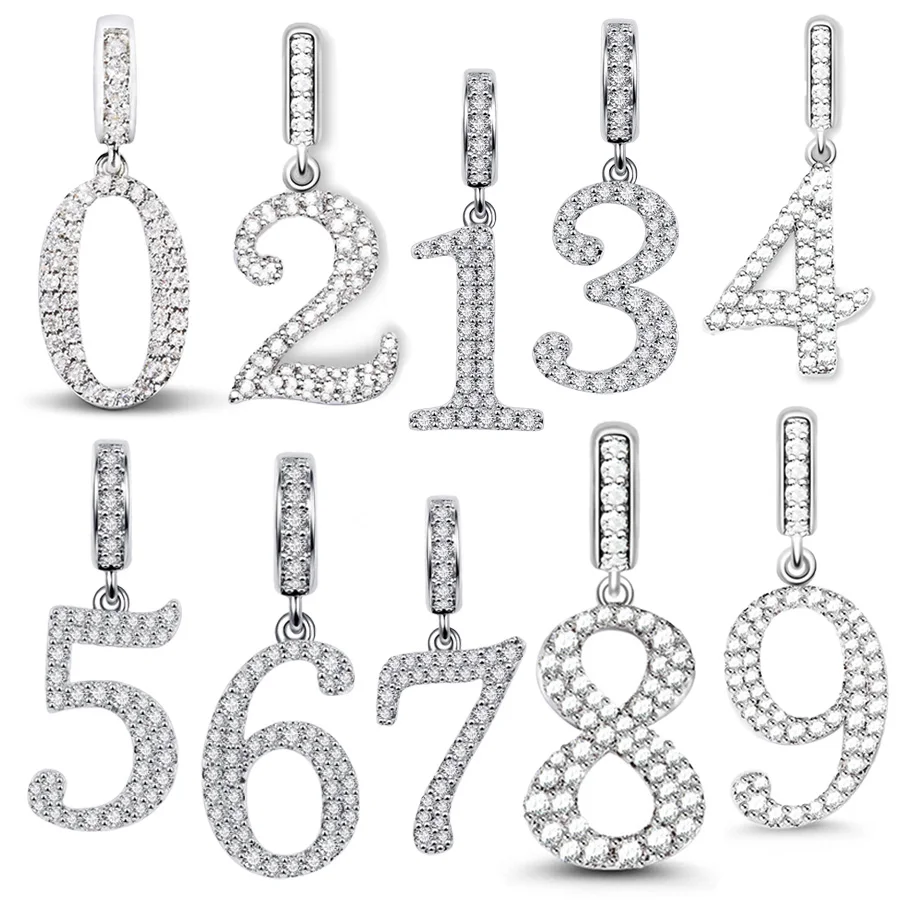 Hot Sale 0-9 Arabic Numerals Zirconia Pendant Dangle Charm Bead Fit Original European 925 Sterling Silver Bracelet Women Jewelry