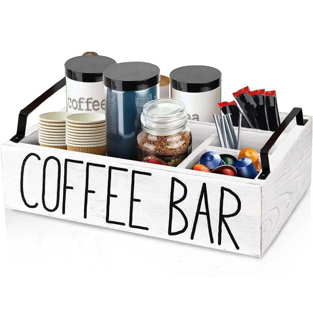 Premium Coffee Station Organizer Rustic Coffee Bar Decor Coffee Pod Holder with Handle Black White Home Organizer