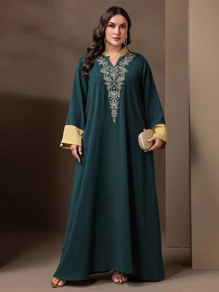 New Morocco Plus Size V-Neck Embroidery Long Sleeve Abaya Maxi Dress Turkey Kaftan Muslim Women Evening Musulmane Femme Vestidos