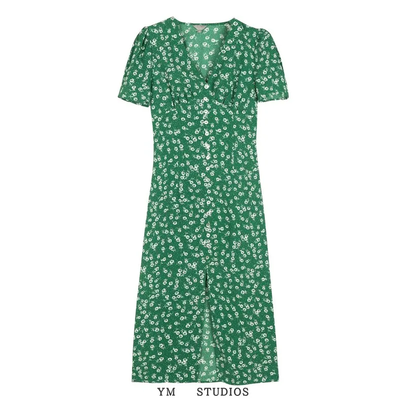 레트로 플로럴 프린트 싱글 버튼 브이넥 반소매 롱 드레스 예술적 슬림핏 A라인 스커트 스트리트 스타일 봄 컬렉션